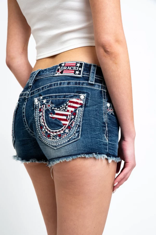 AMERICAN FLAG HORSESHOE LOW RISE DENIM SHORTS