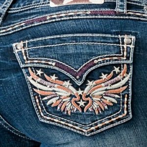 GRACE IN LA WOMEN'S WING STAR FAUX FLAP POCKET EMBROIDERED STRETCH BOOTCUT JEANS